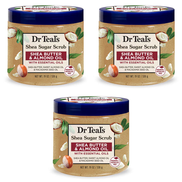 3 Pack - Dr Teals Shea Sugar Scrub Butter & Almond Oil, 19oz each: Exfoliates and smooths skin with essential oils, shea butter, and almond oil. Features blue lids and beige labels with images of shea nuts and almonds.